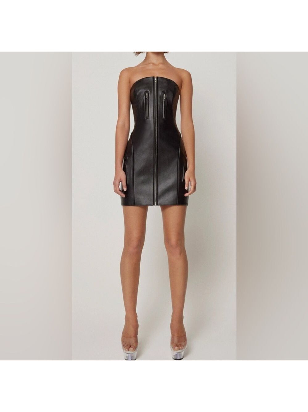 Nwt Khy X Namilia Faux Leather Strapless Mini Dress Zip Front Sz S Black — image 2 of 8